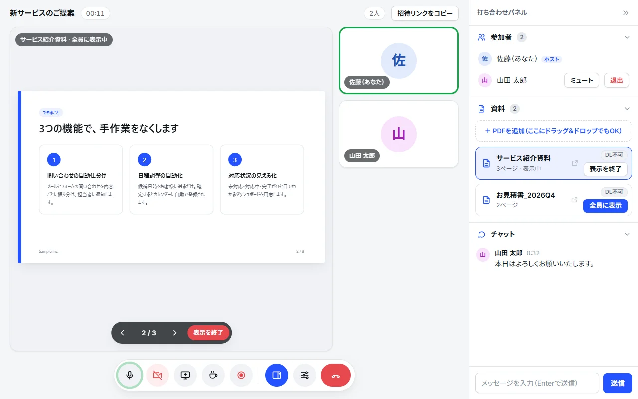 資料を全員に表示している会議室